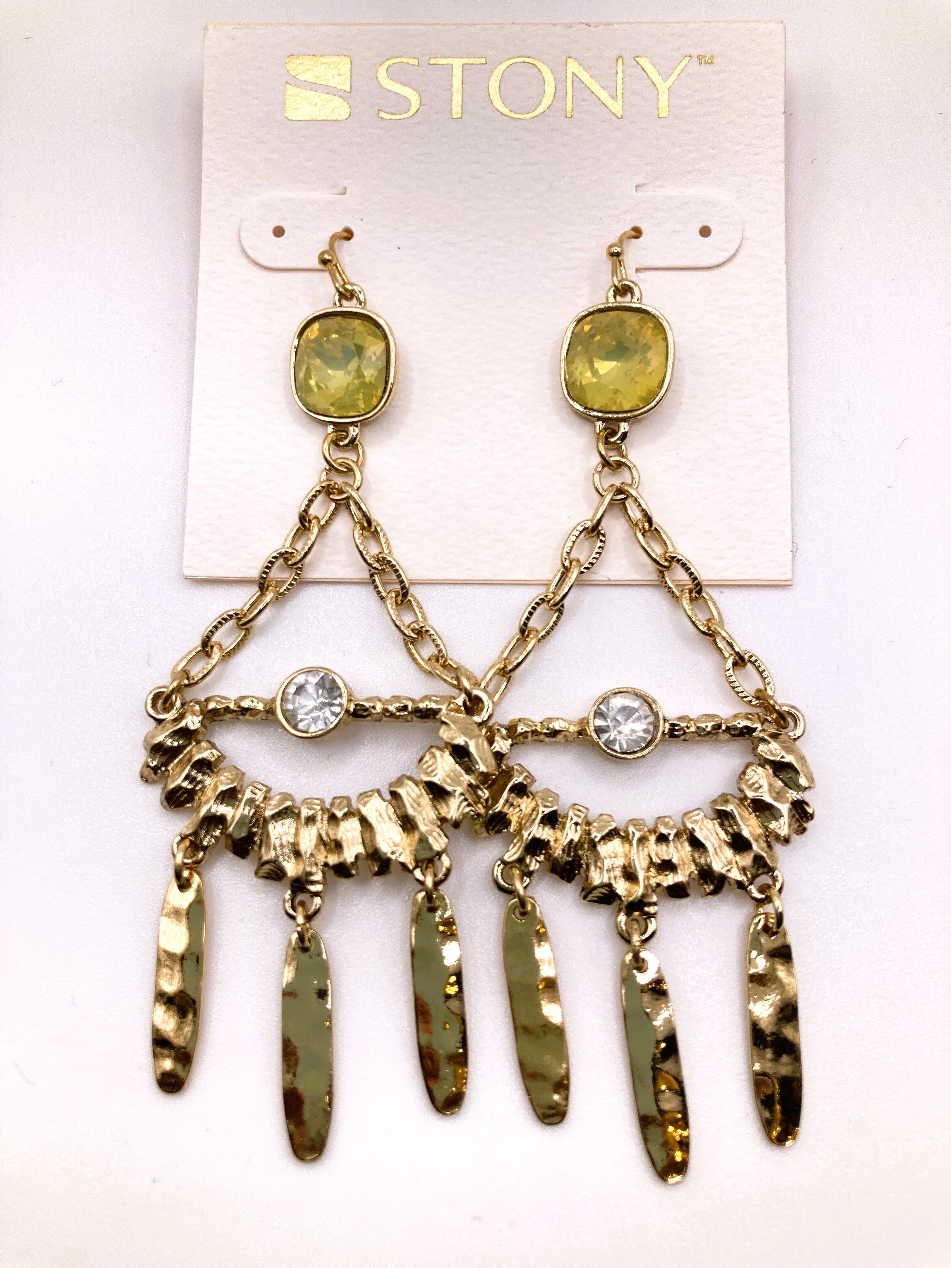 Dangle Earrings, Brutalist style hammered gold tone with chain and green faux stone accent. 