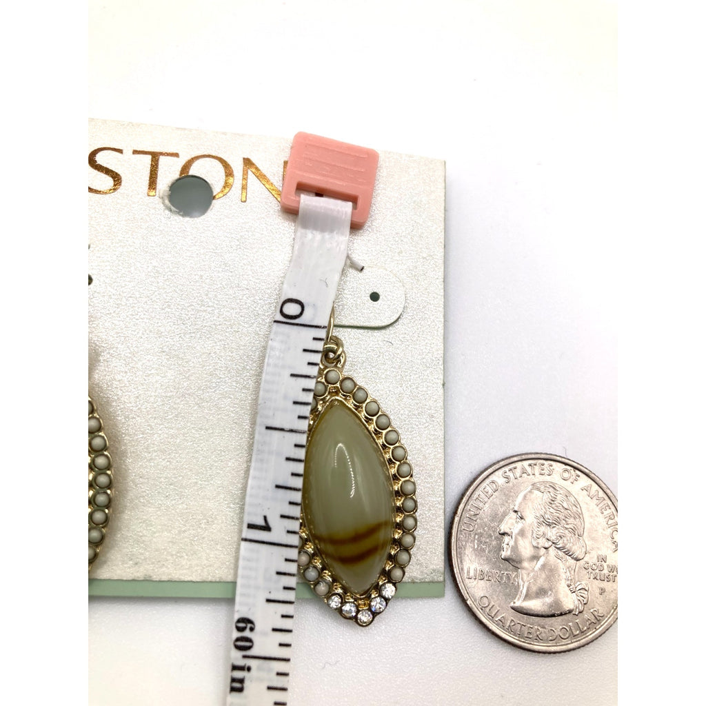 STONY Gold Tone Retro Green Oval Cabochon Faux Stone Earrings w/ Bead Accents