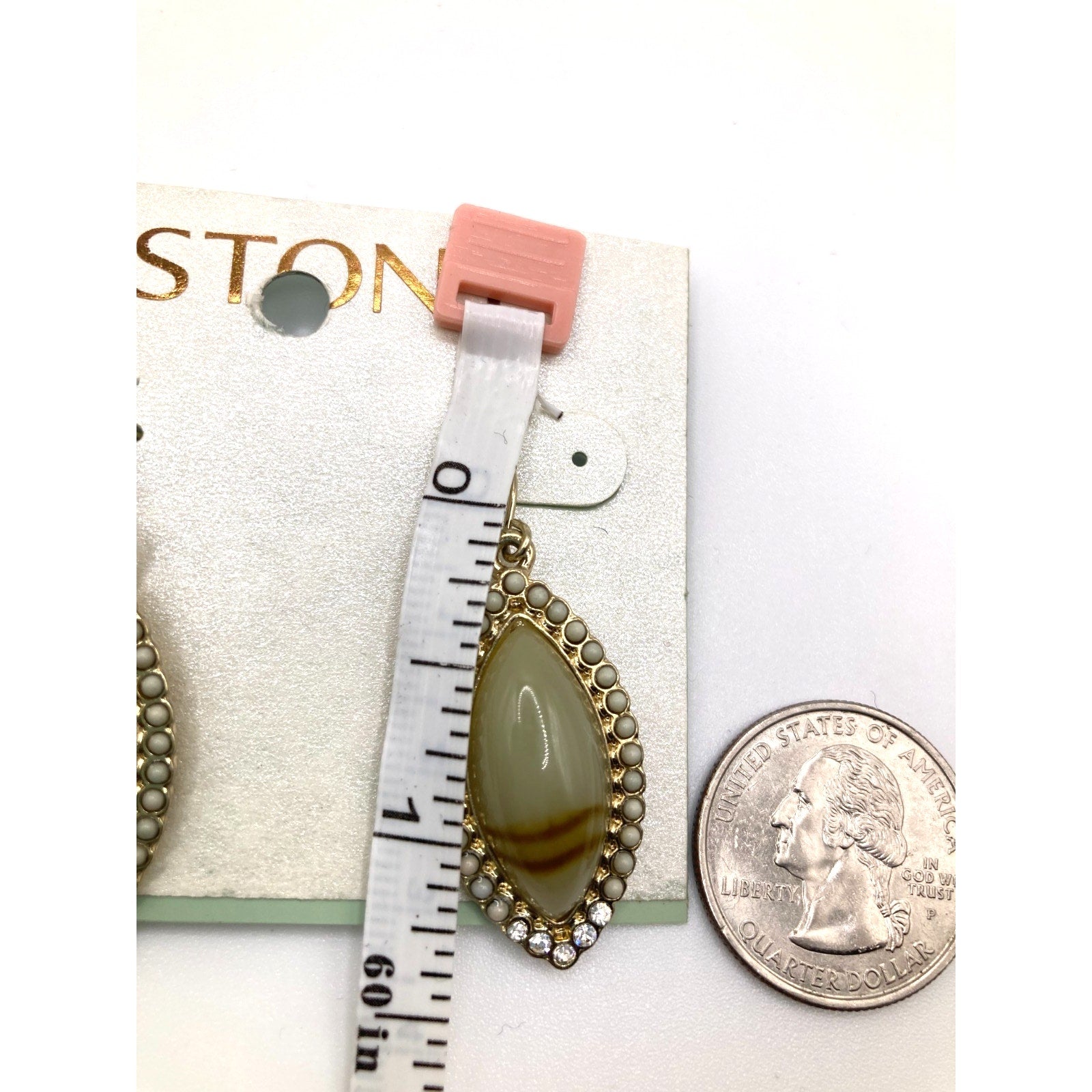 STONY Gold Tone Retro Green Oval Cabochon Faux Stone Earrings w/ Bead Accents