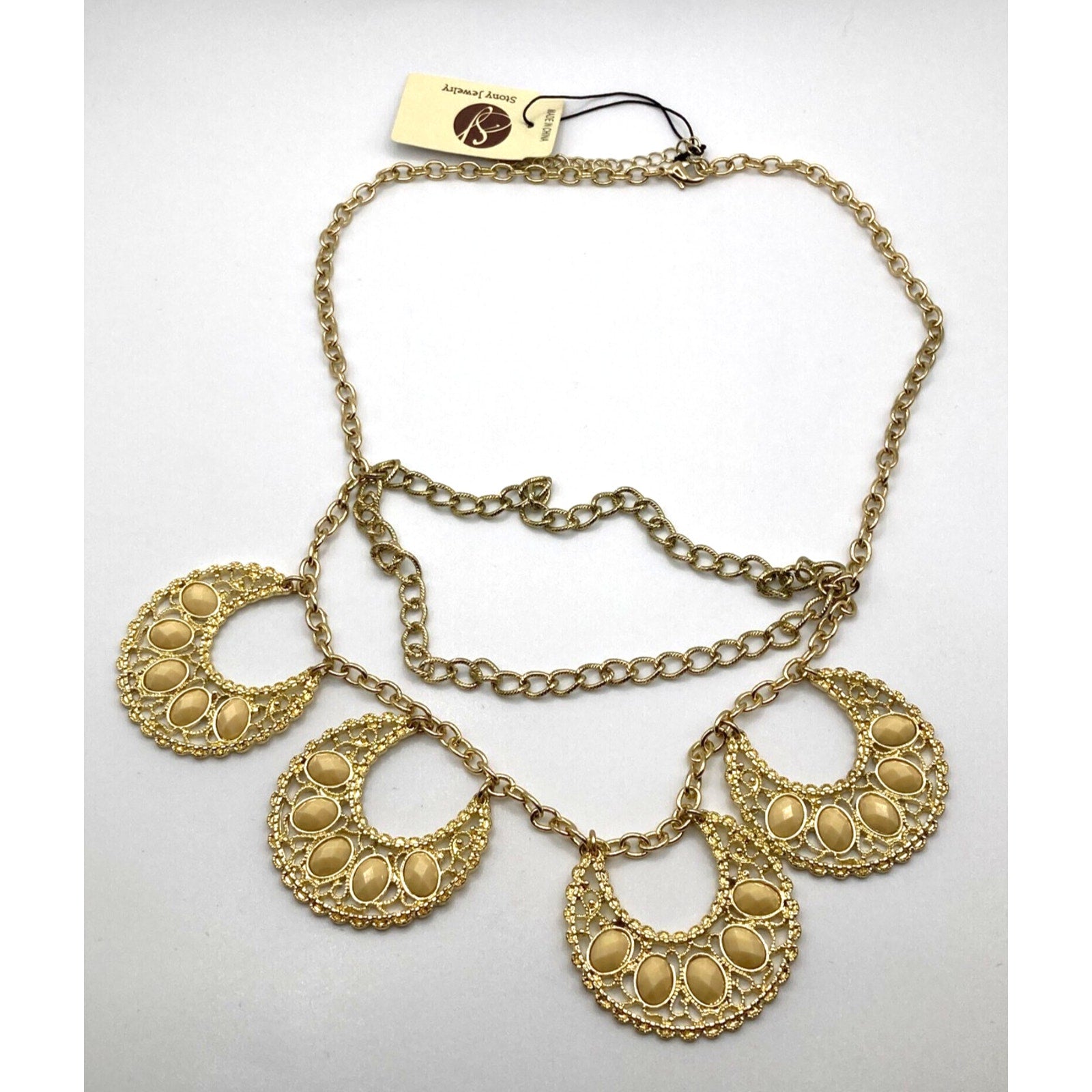 STONY Gold Tone Filigree Layered Statement Necklace w/ Acrylic Cream Stones 19"