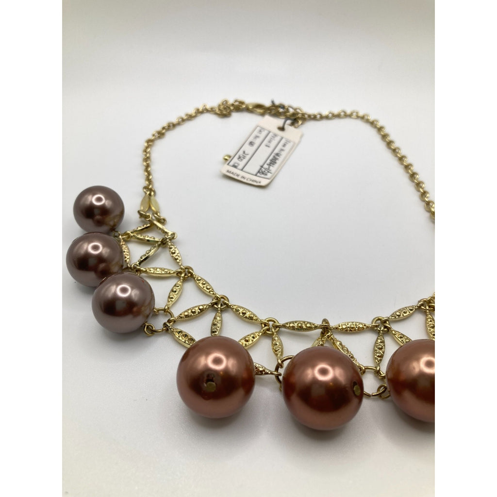 STONY Textured Gold Tone Faux Mauve Pearl Triangle Bib Statement Necklace NEW