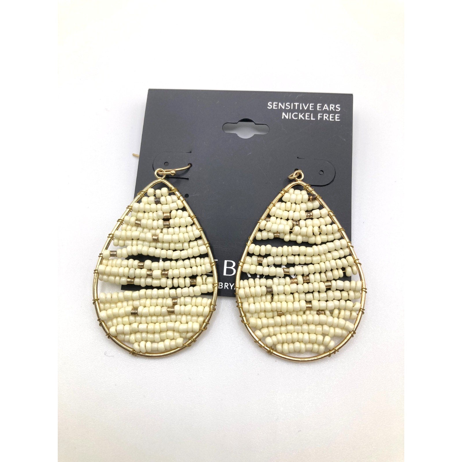 LANE BRYANT Fan Teardrop Cream Beaded & Wire Dangle Earrings 2"