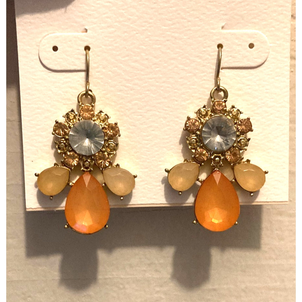 STONY Gold Tone Orange Tan & Cloudy Clear Acrylic Stone Drop Dangle Earrings 1"