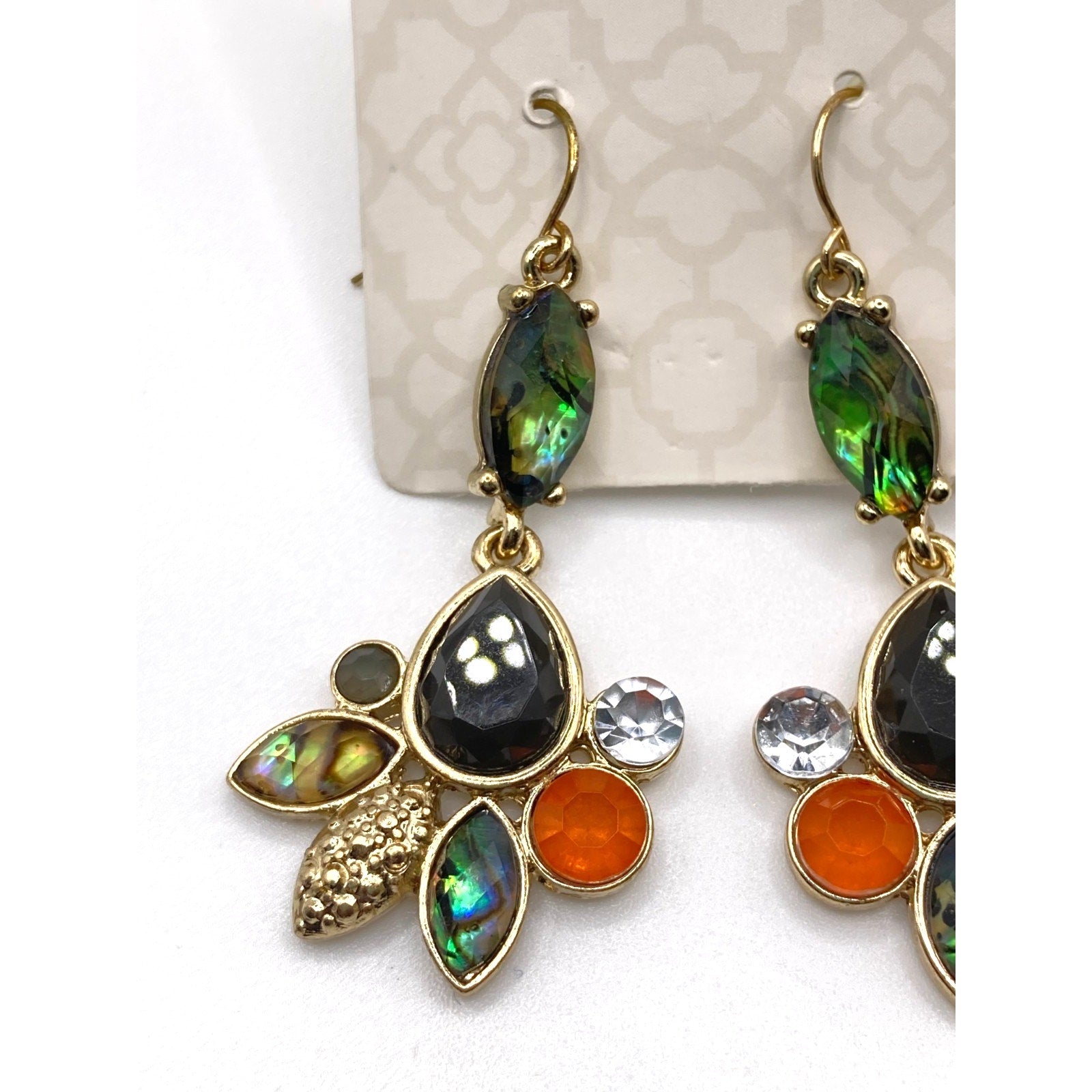STONY Gold Tone Green Abalone Orange Aurora Borealis Faux Stones Drop Earrings