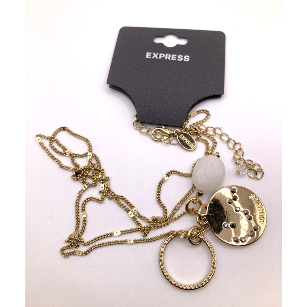 EXPRESS Zodiac Aquarius Sign Charm w/ Rhinestone Ring Gold Tone Necklace