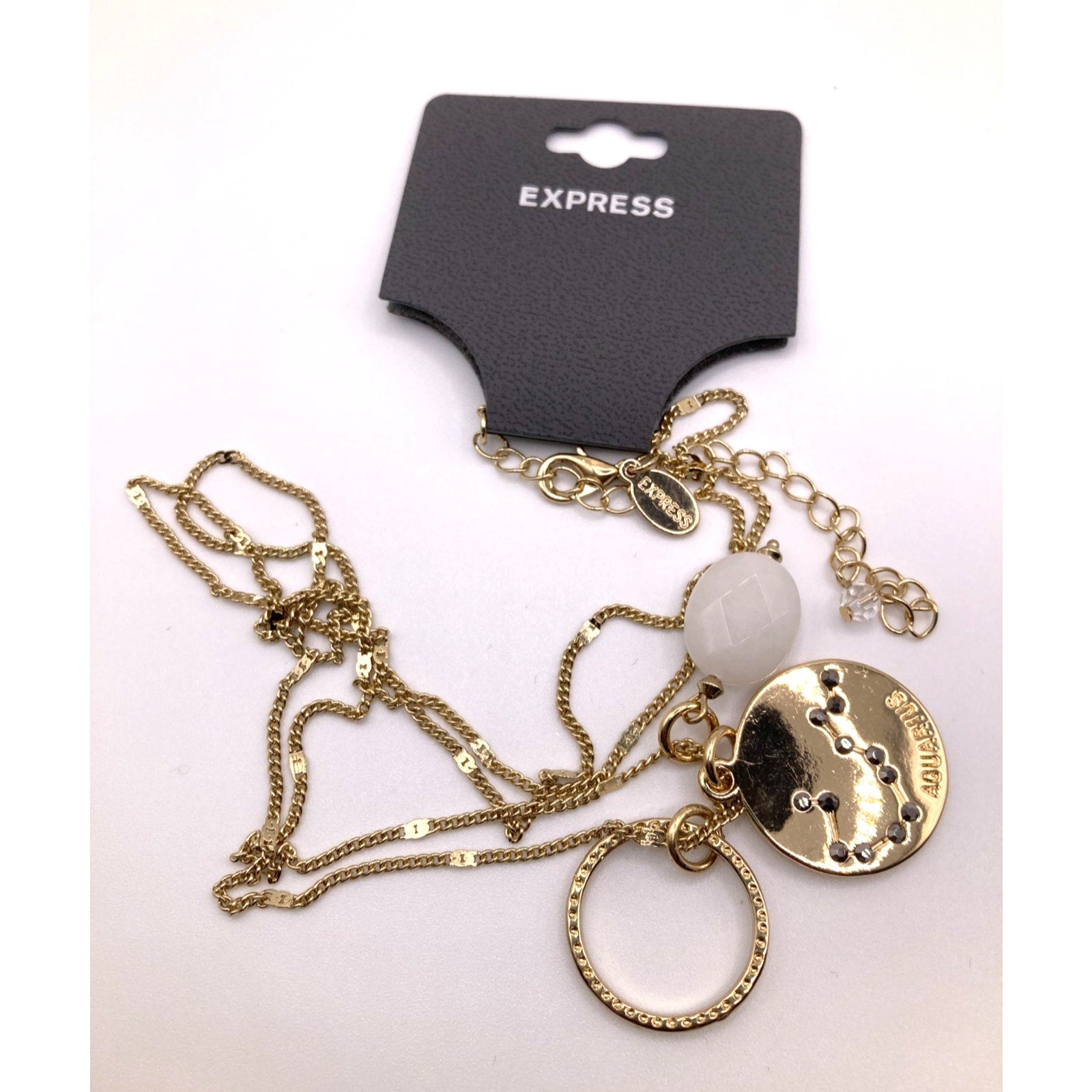 EXPRESS Zodiac Aquarius Sign Charm w/ Rhinestone Ring Gold Tone Necklace