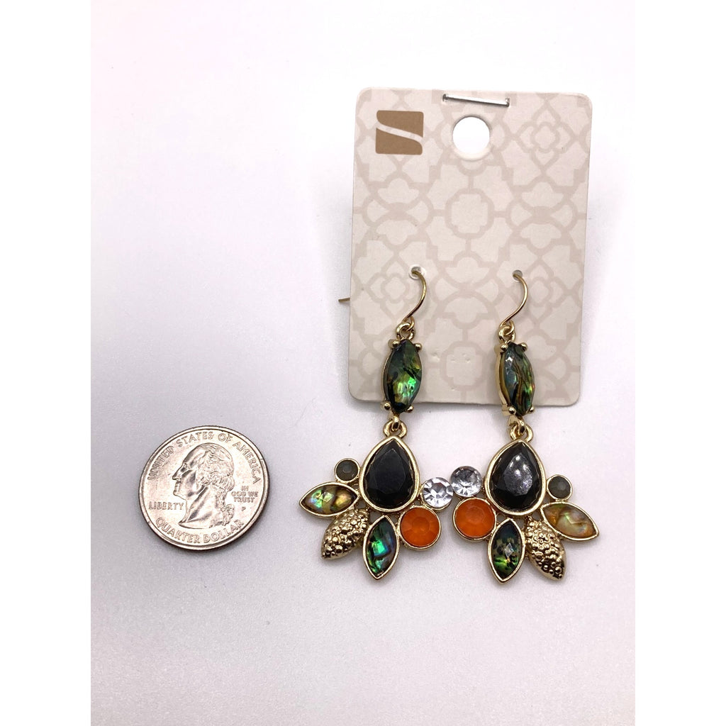 STONY Gold Tone Green Abalone Orange Aurora Borealis Faux Stones Drop Earrings