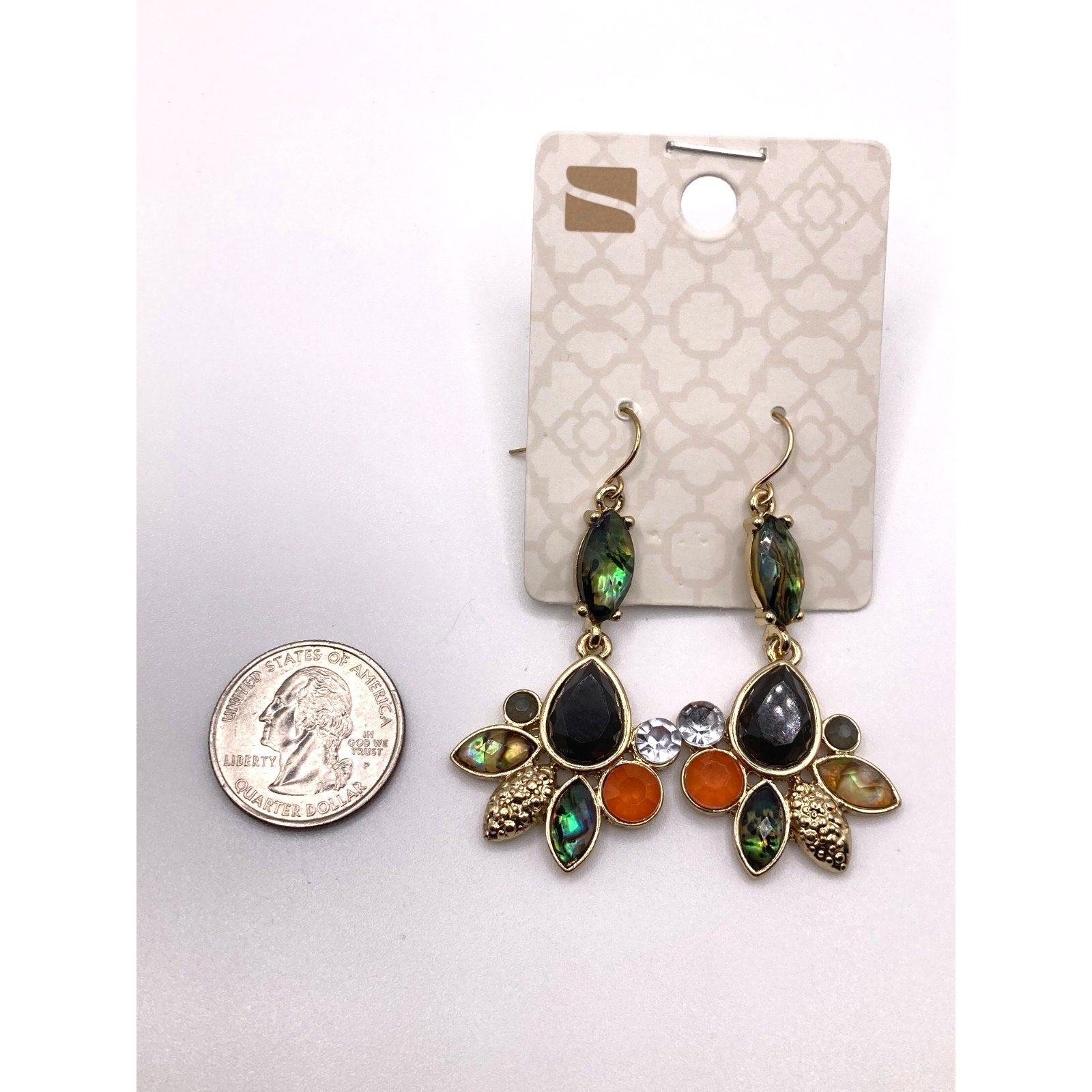 STONY Gold Tone Green Abalone Orange Aurora Borealis Faux Stones Drop Earrings