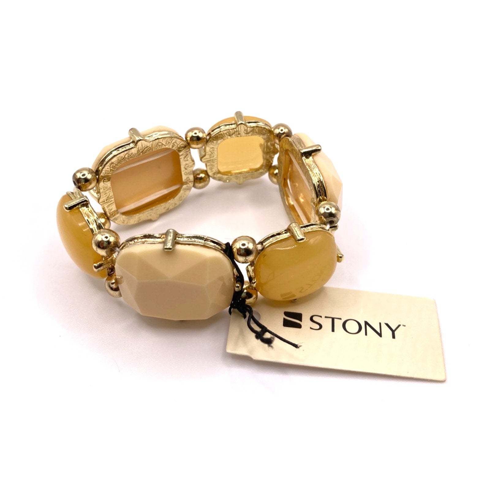 STONY Gold Tone, Melon & Cream Cabochon & Faceted Plastic Stone Stretch Bracelet