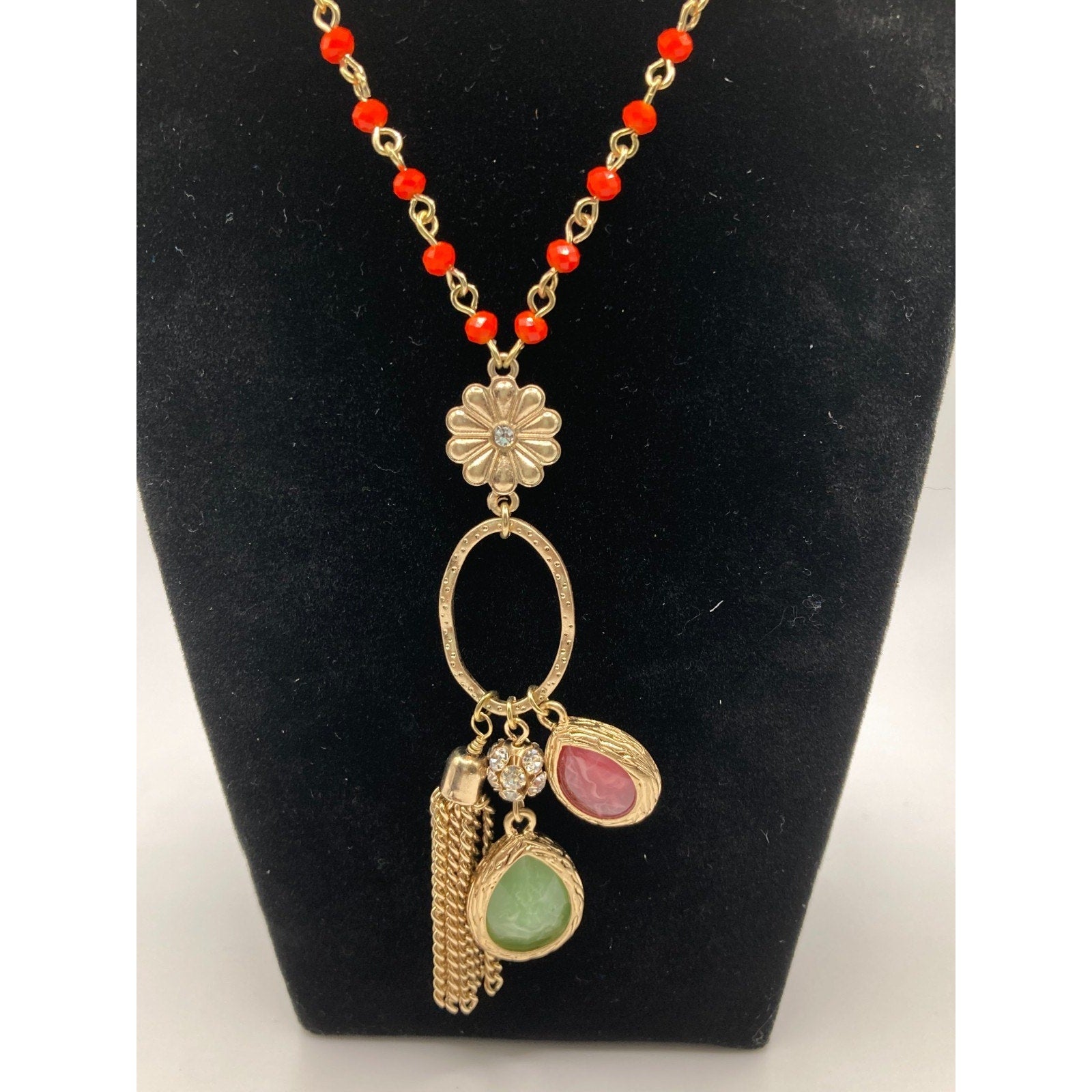 STONY Gold Tone & Red Station Necklace Flower Pendant w/ Red & Green Charms 17"