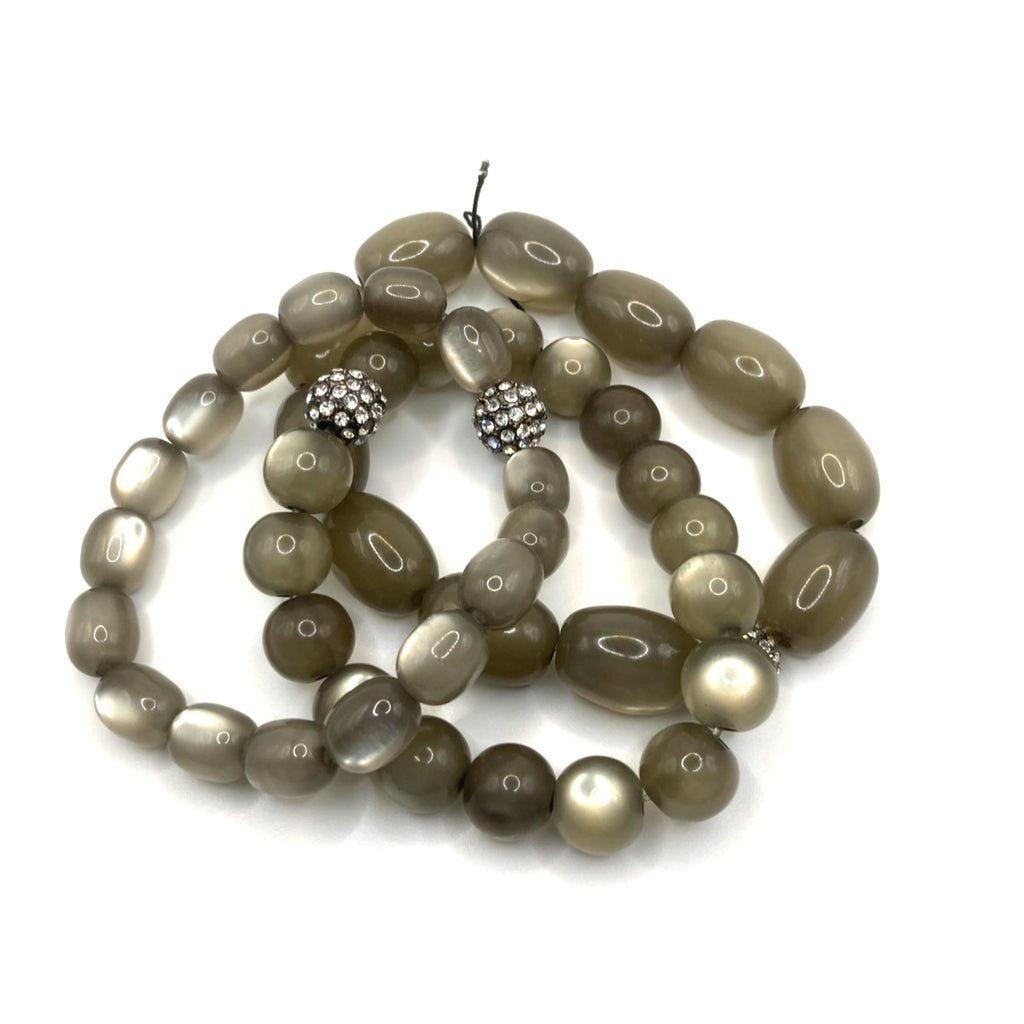 Talbots Gray Green Moon Glow Rhinestone Pave Bead Stretch Bracelet Set of 3