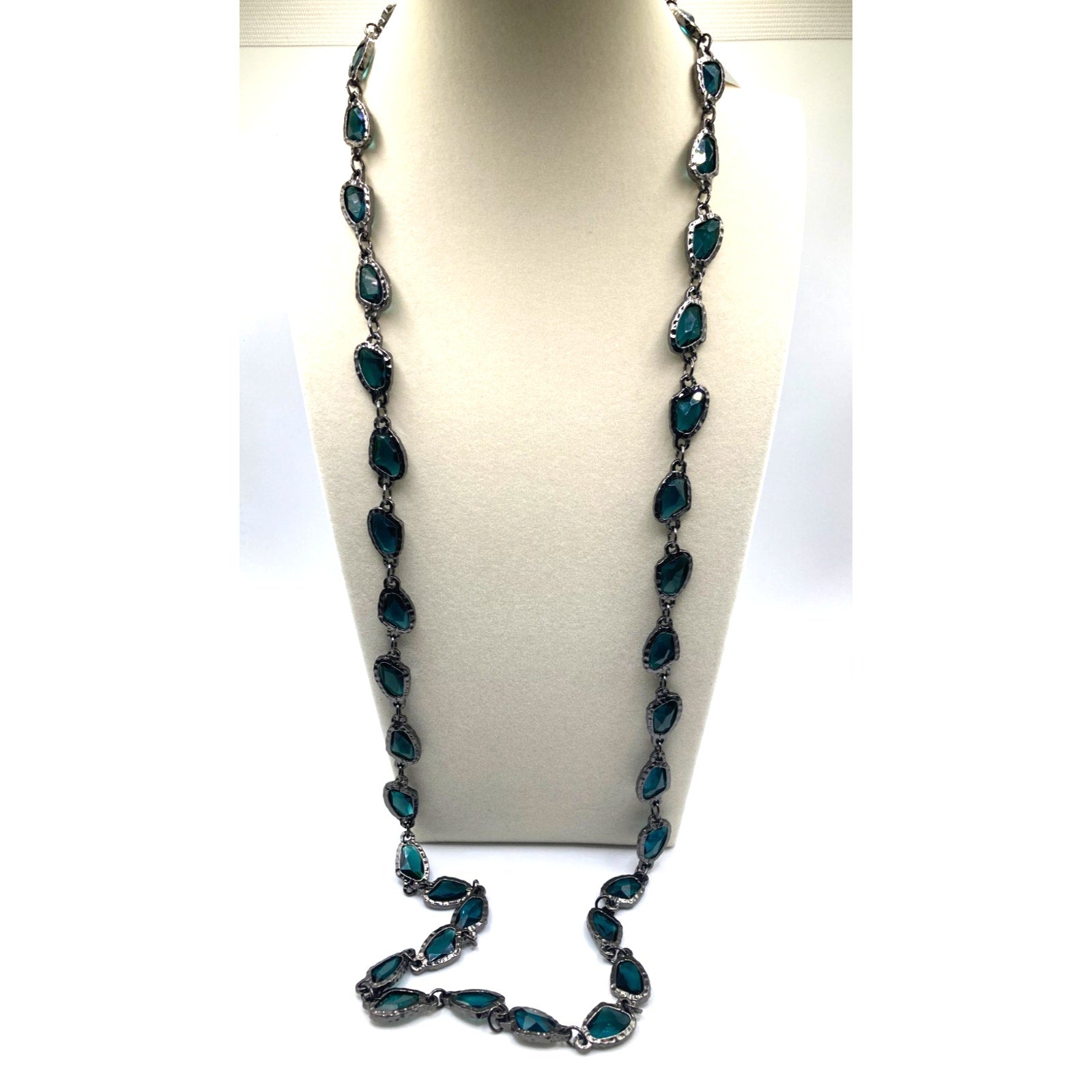 CHICO'S Greta Necklace Gunmetal Tone Tinted Aqua Blue 38" Long Layering Necklace