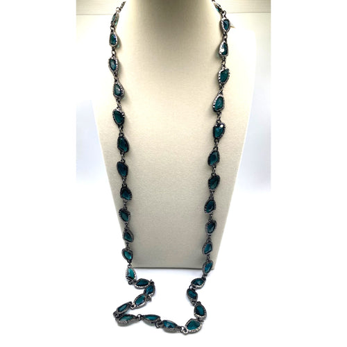 CHICO'S Greta Necklace Gunmetal Tone Tinted Aqua Blue 38" Long Layering Necklace