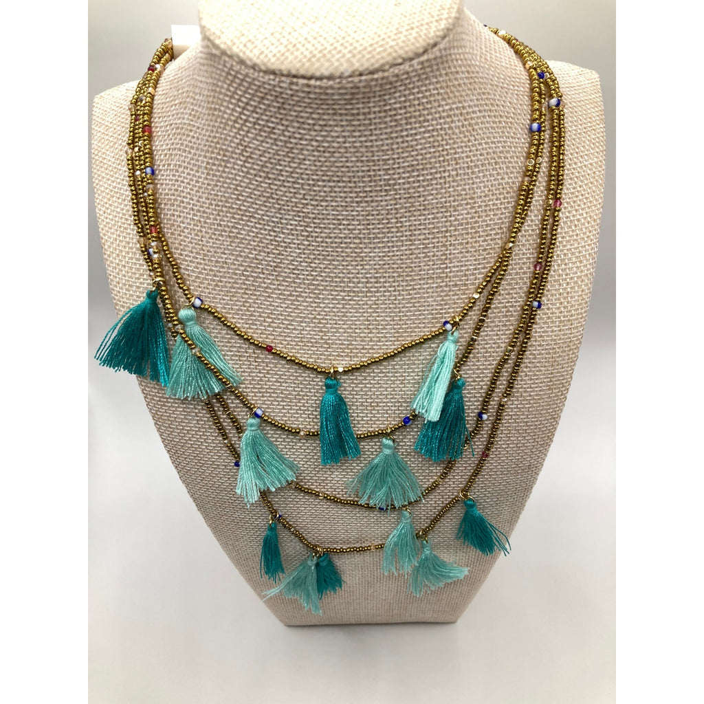 EXPRESS Layered Gold Seed Bead Teal Blue Mint Tassel Necklace Boho 14"+ NEW