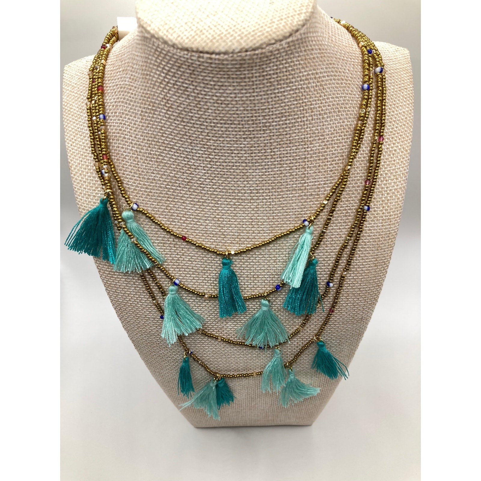 EXPRESS Layered Gold Seed Bead Teal Blue Mint Tassel Necklace Boho 14"+ NEW