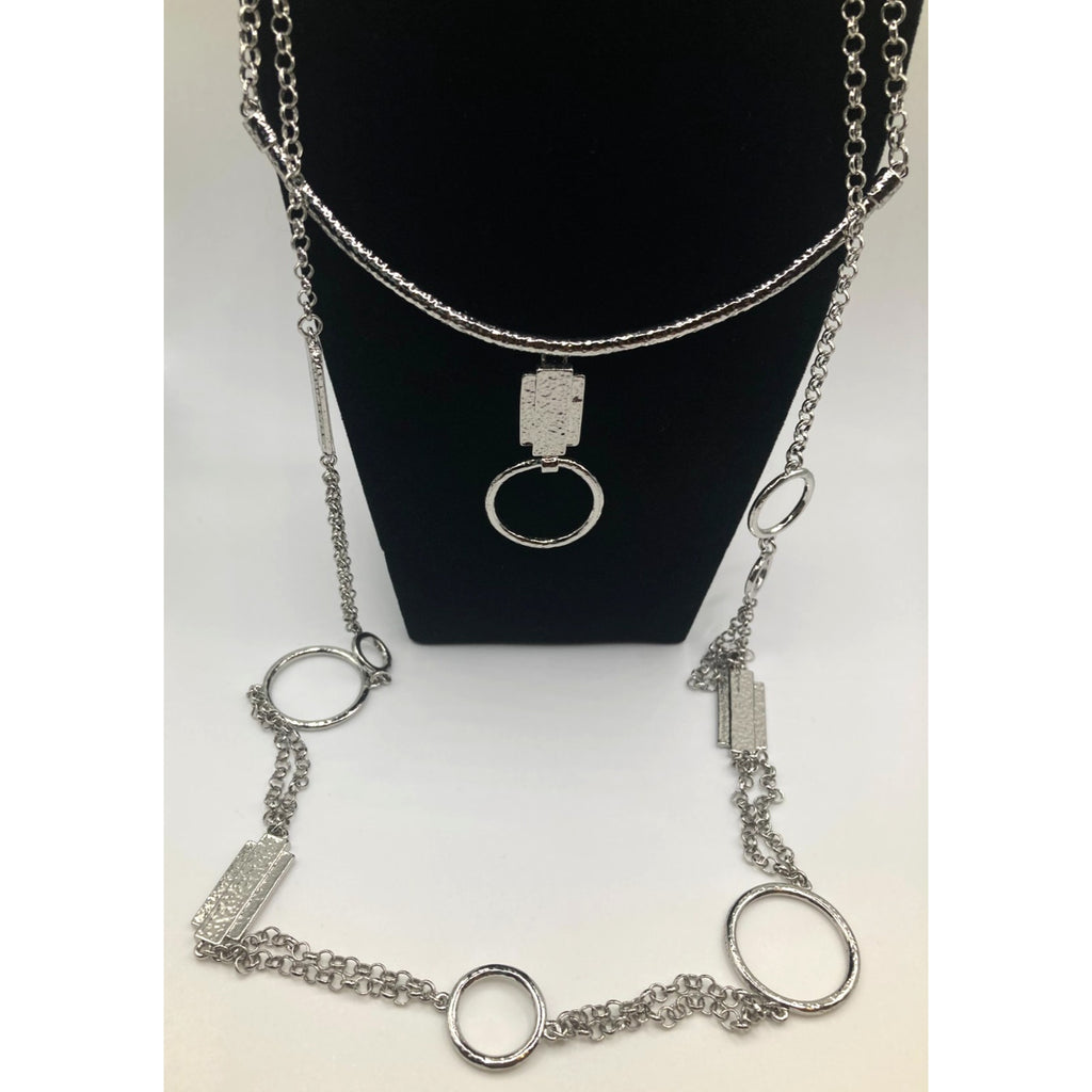 CHICO'S Hammered Silver Tone Geometric Two-Tiered Layered 16" Statement Necklace
