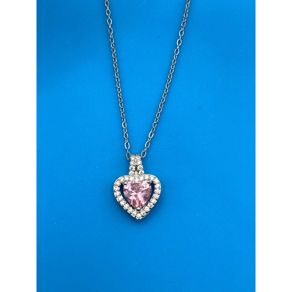 Pink Heart Crystal Silver Overlay 18" Necklace Made with SWAROVSKI Elements