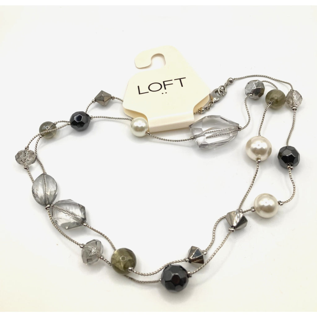 LOFT Silver Tone Faux Pearl, Grey, & Clear Bead Station Necklace Snake Chain 35"