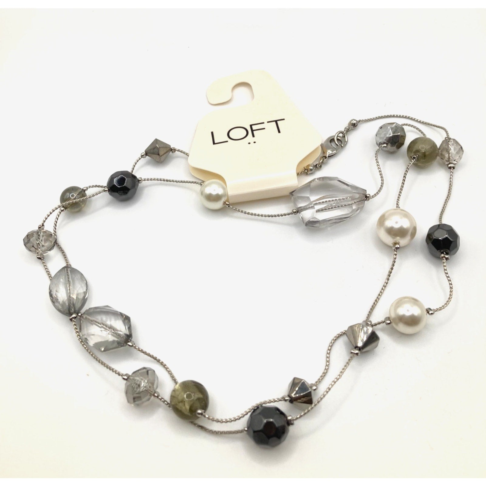 LOFT Silver Tone Faux Pearl, Grey, & Clear Bead Station Necklace Snake Chain 35"