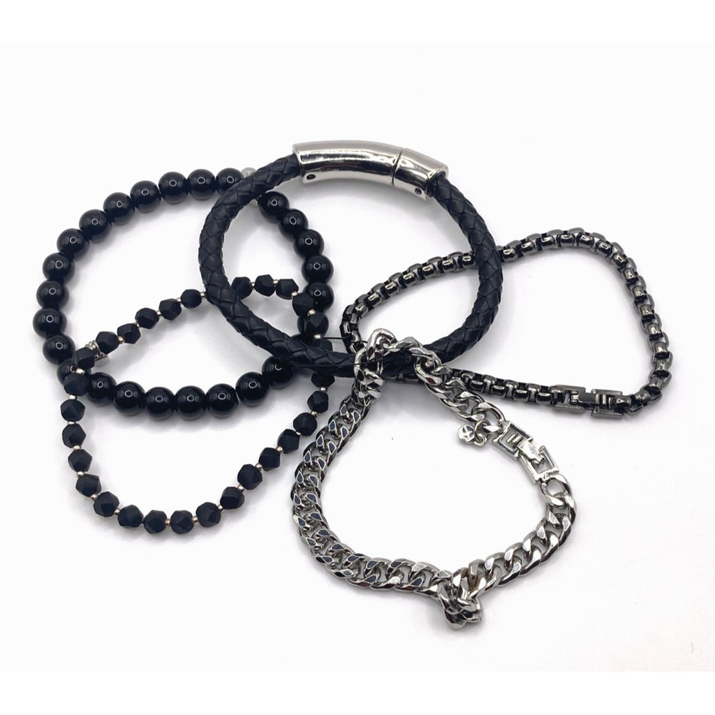 5pcs Modern Silver Tone Curb Chain, Black Beaded, Leatherette Bracelet Wrist Set