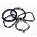 5pcs Modern Silver Tone Curb Chain, Black Beaded, Leatherette Bracelet Wrist Set