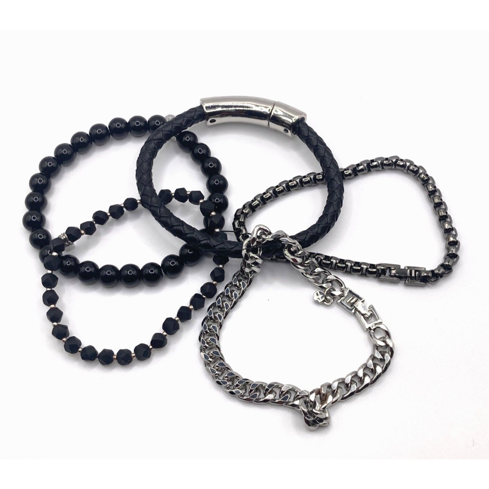 5pcs Modern Silver Tone Curb Chain, Black Beaded, Leatherette Bracelet Wrist Set