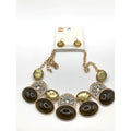 STONY Gold Tone Green & Blue Glass Stone & Crystal Necklace 17" & Earring Set