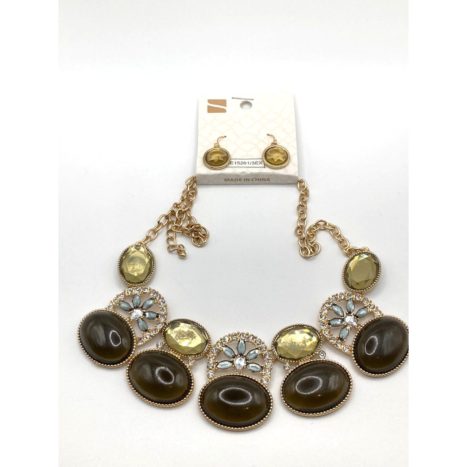 STONY Gold Tone Green & Blue Glass Stone & Crystal Necklace 17" & Earring Set