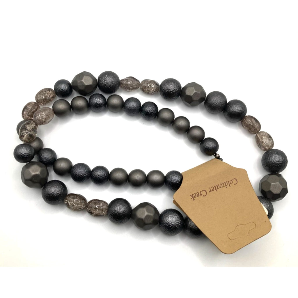 Coldwater Creek Long Geometric Gray Clear Textured Graduated Beaded Necklace 30"