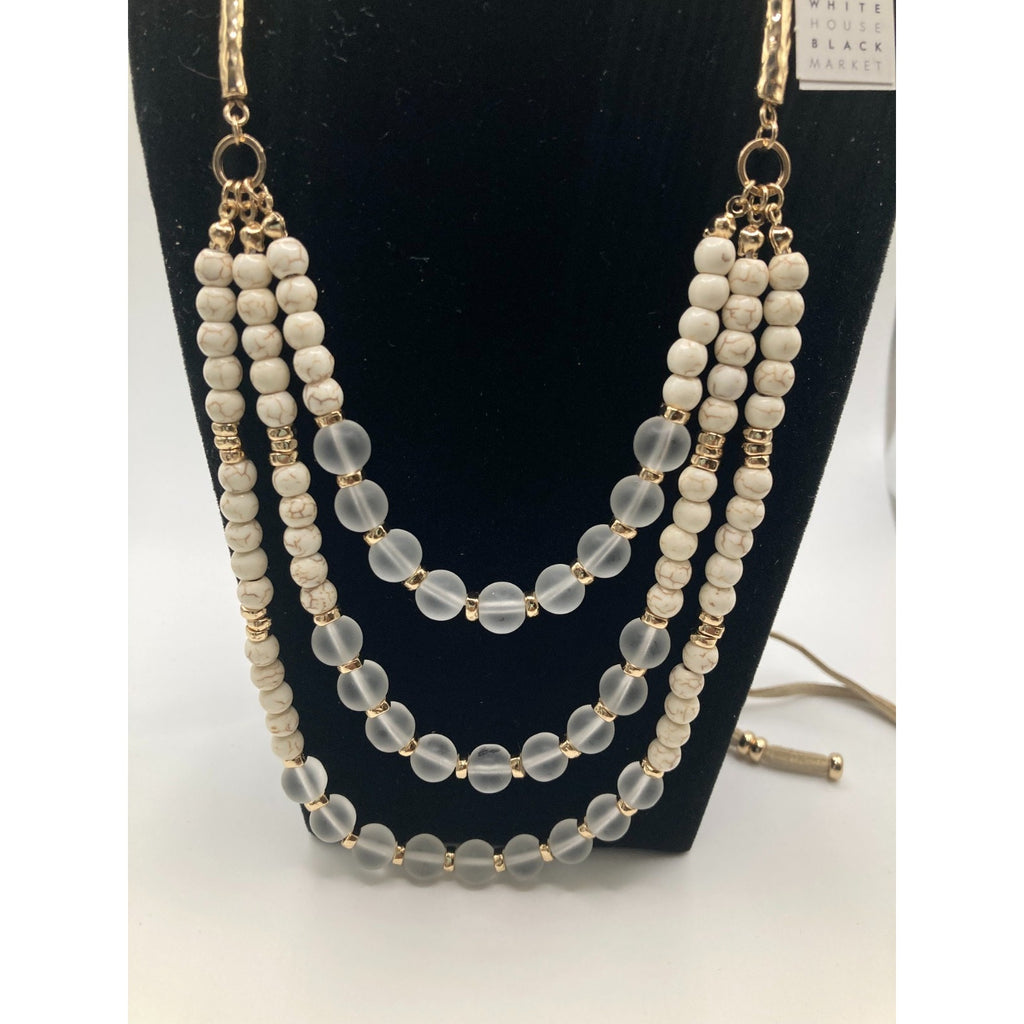 WHITE HOUSE/BLACK MARKET Beige Genuine Stone, Bead, Suede & Gold Tone Necklace