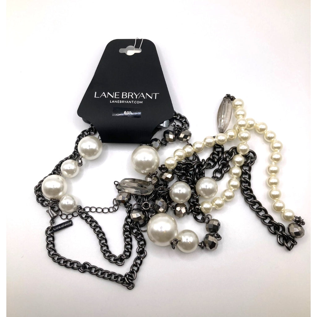 Lane Bryant Steel Grey Tone Statement Necklace Faux Pearls & Mixed Chain 60"