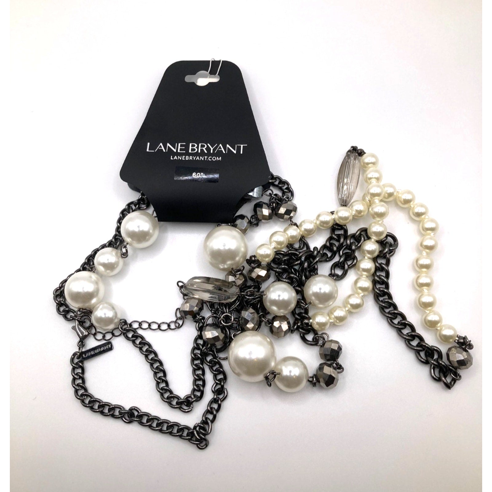 Lane Bryant Steel Grey Tone Statement Necklace Faux Pearls & Mixed Chain 60"