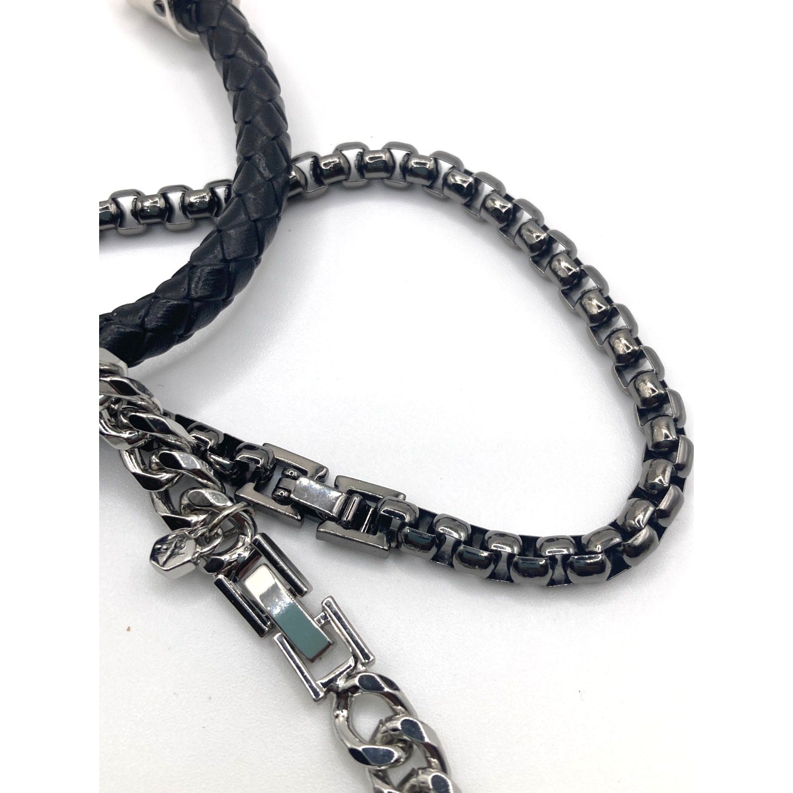 5pcs Modern Silver Tone Curb Chain, Black Beaded, Leatherette Bracelet Wrist Set