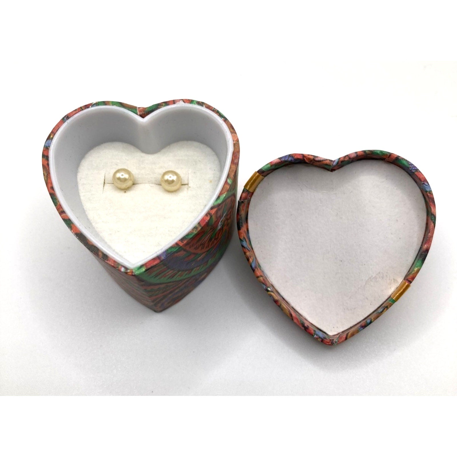 Polished Faux Pearls Small Stud Earrings in 80's themed Retro Heart Shaped Box