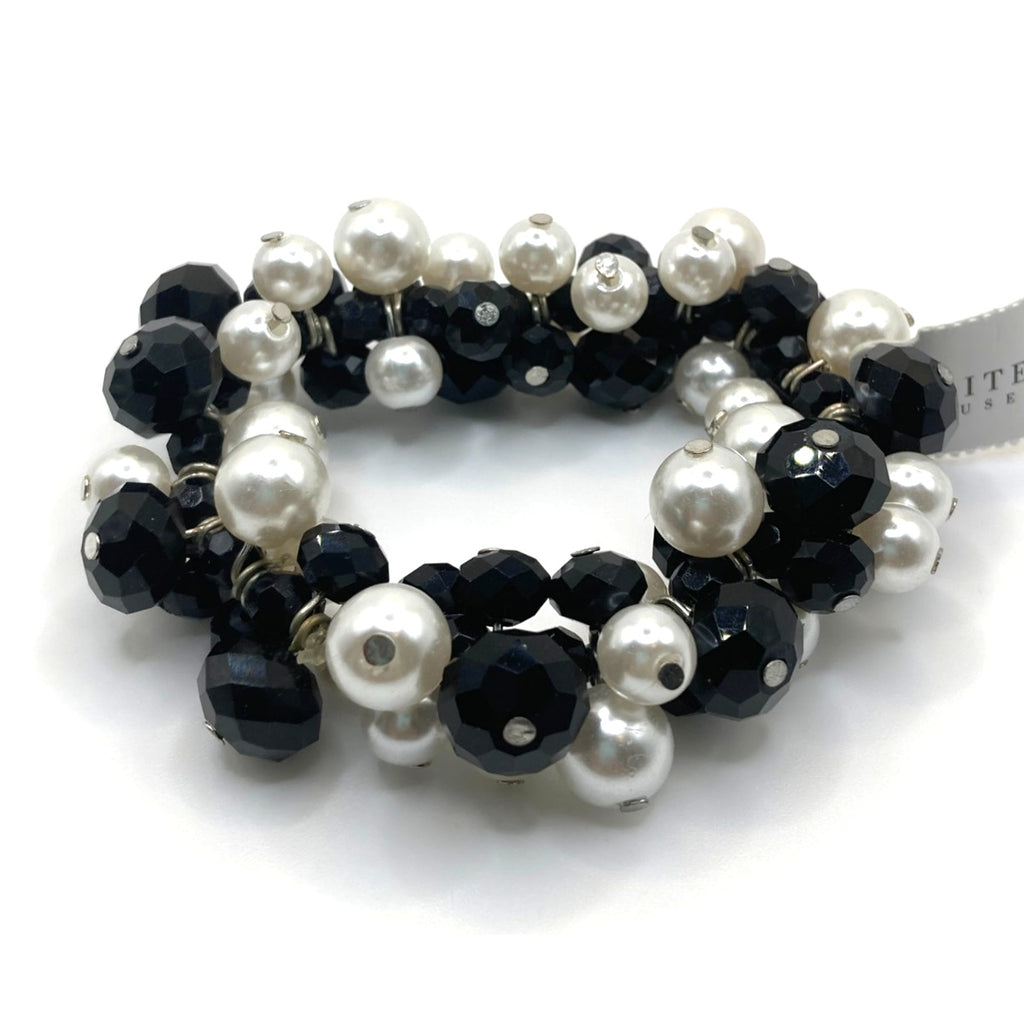 White House Black Market Black Faceted Beaded & Faux Pearls Stretch Bracelet