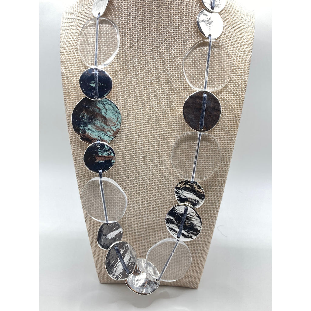 CHICO'S Textured Silver Tone & Translucent Shimmery Coins/Discs Station Necklace
