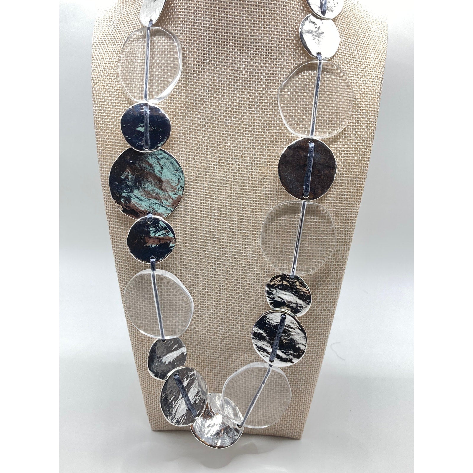 CHICO'S Textured Silver Tone & Translucent Shimmery Coins/Discs Station Necklace