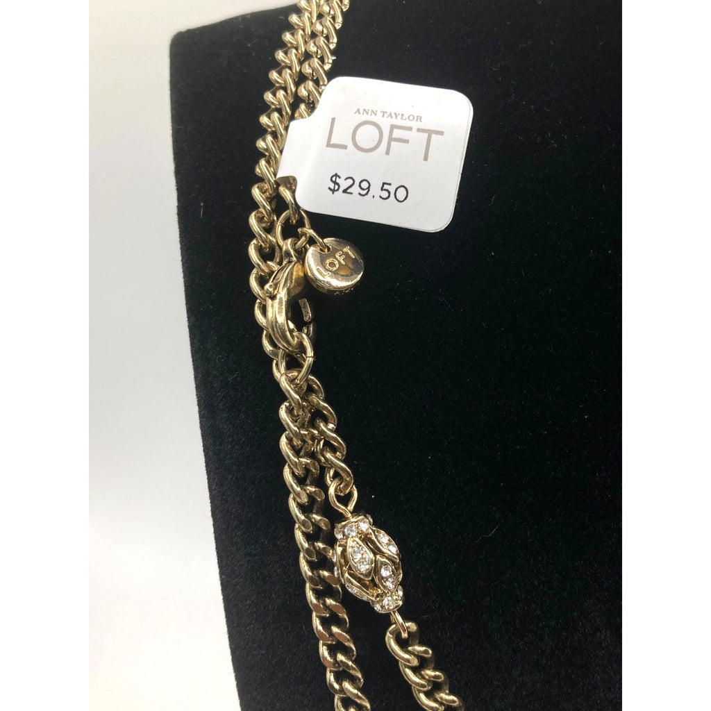 LOFT Gold Tone Vintage Inspired Rhinestone Eggs Station Curb Chain Necklace 32"