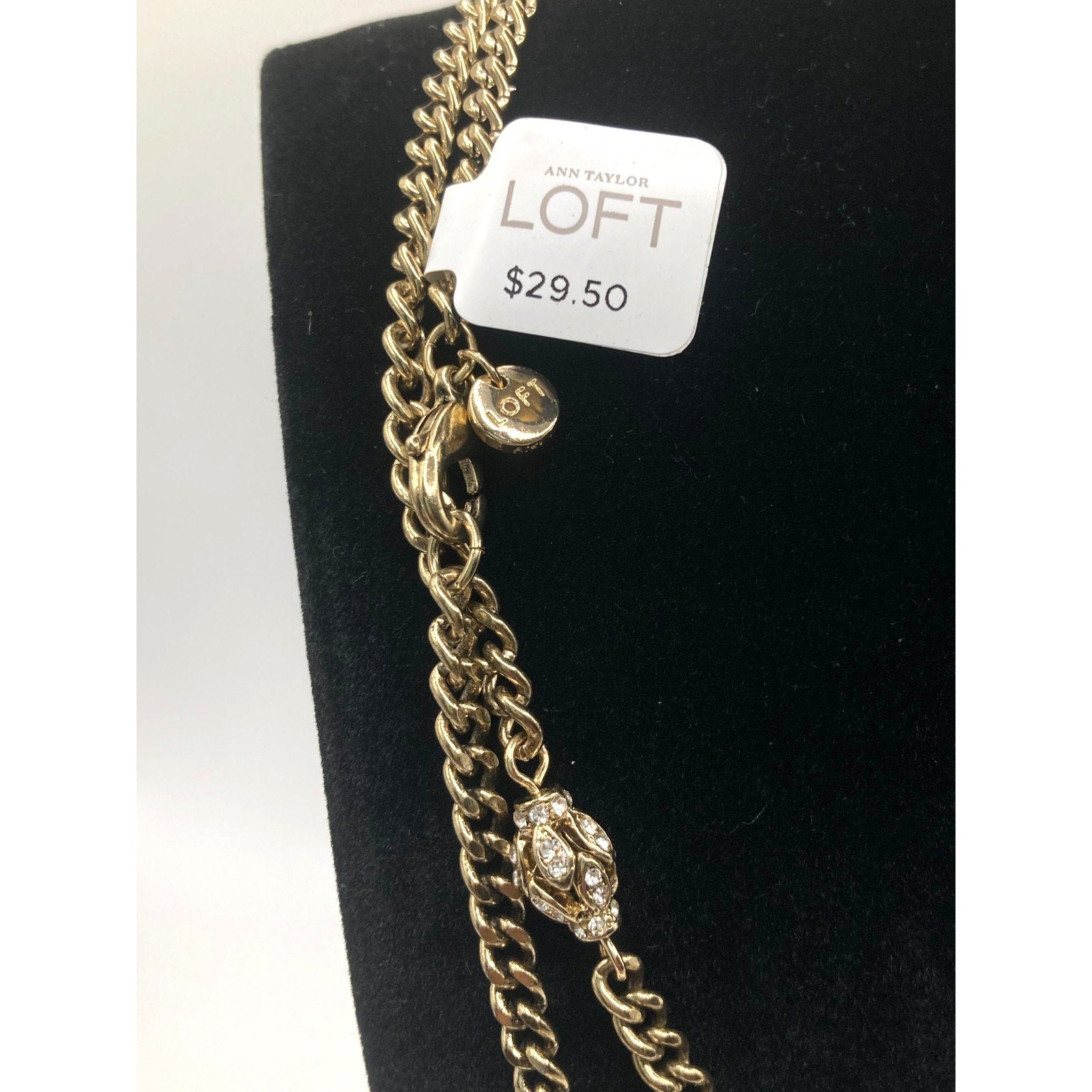 LOFT Gold Tone Vintage Inspired Rhinestone Eggs Station Curb Chain Necklace 32"