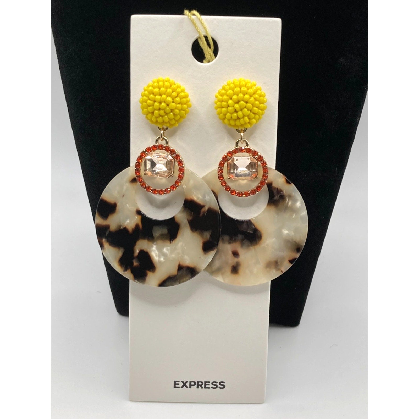 EXPRESS Acrylic Animal Print Earrings w/ Rhinestone & Yellow Beaded Accents 2.5"