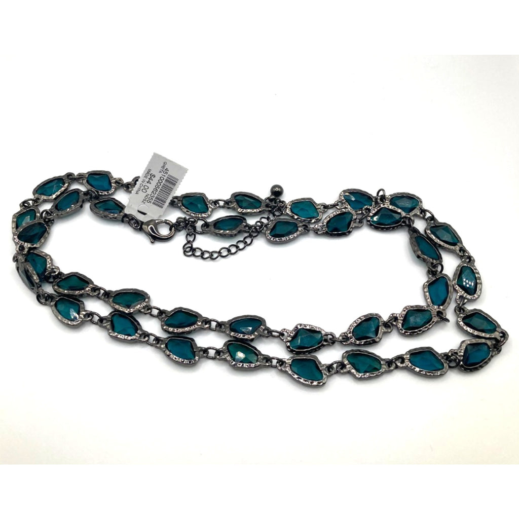 CHICO'S Greta Necklace Gunmetal Tone Tinted Aqua Blue 38" Long Layering Necklace