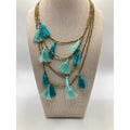 EXPRESS Layered Gold Seed Bead Teal Blue Mint Tassel Necklace Boho 14"+ NEW