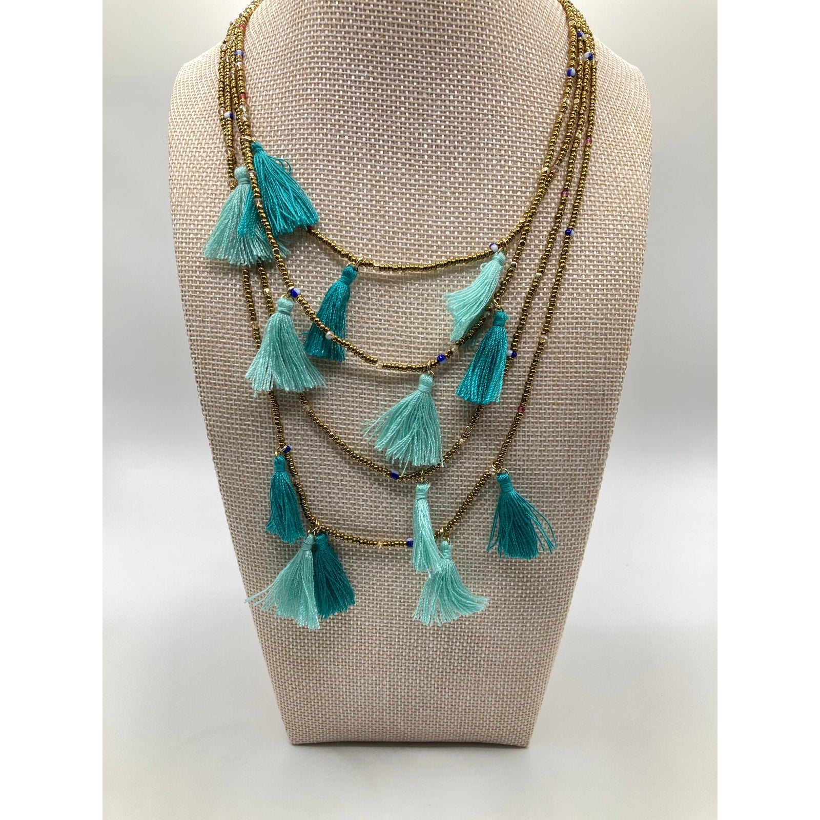 EXPRESS Layered Gold Seed Bead Teal Blue Mint Tassel Necklace Boho 14"+ NEW