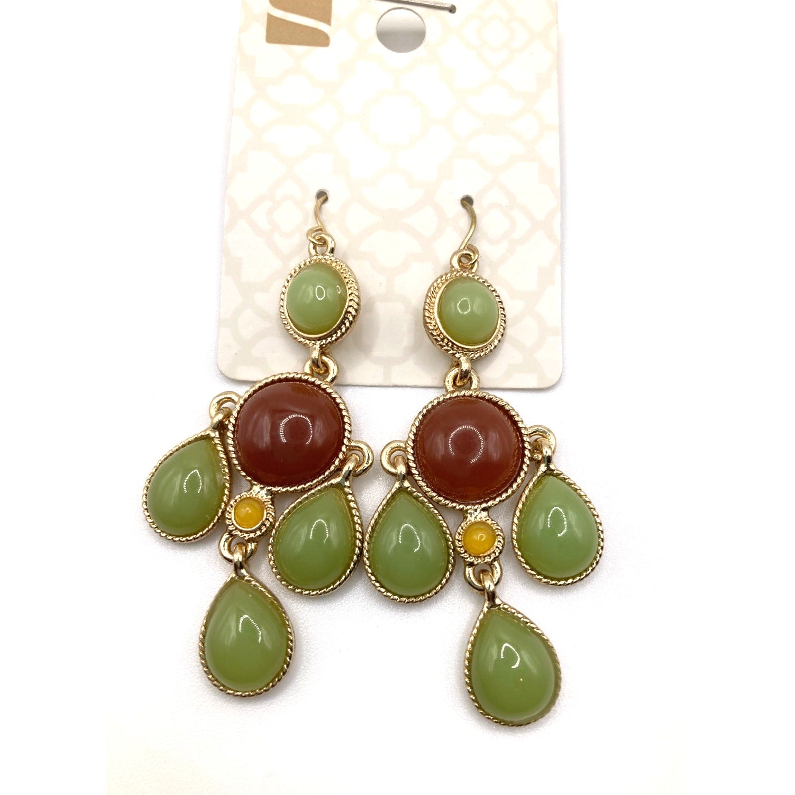 STONY Gold Tone Retro Burgundy Green Yellow Faux Cabochon Stone Drop Earrings 2"