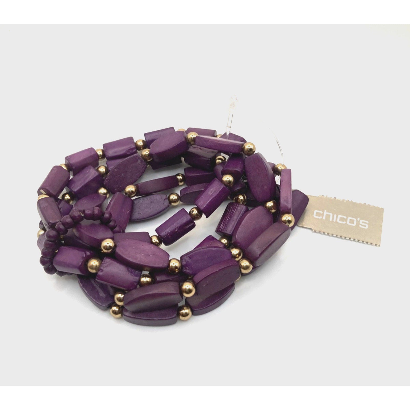 CHICO'S Purple Dyed Wooden Beads w/ Gold Tone Bead Accents Stretch Bracelet