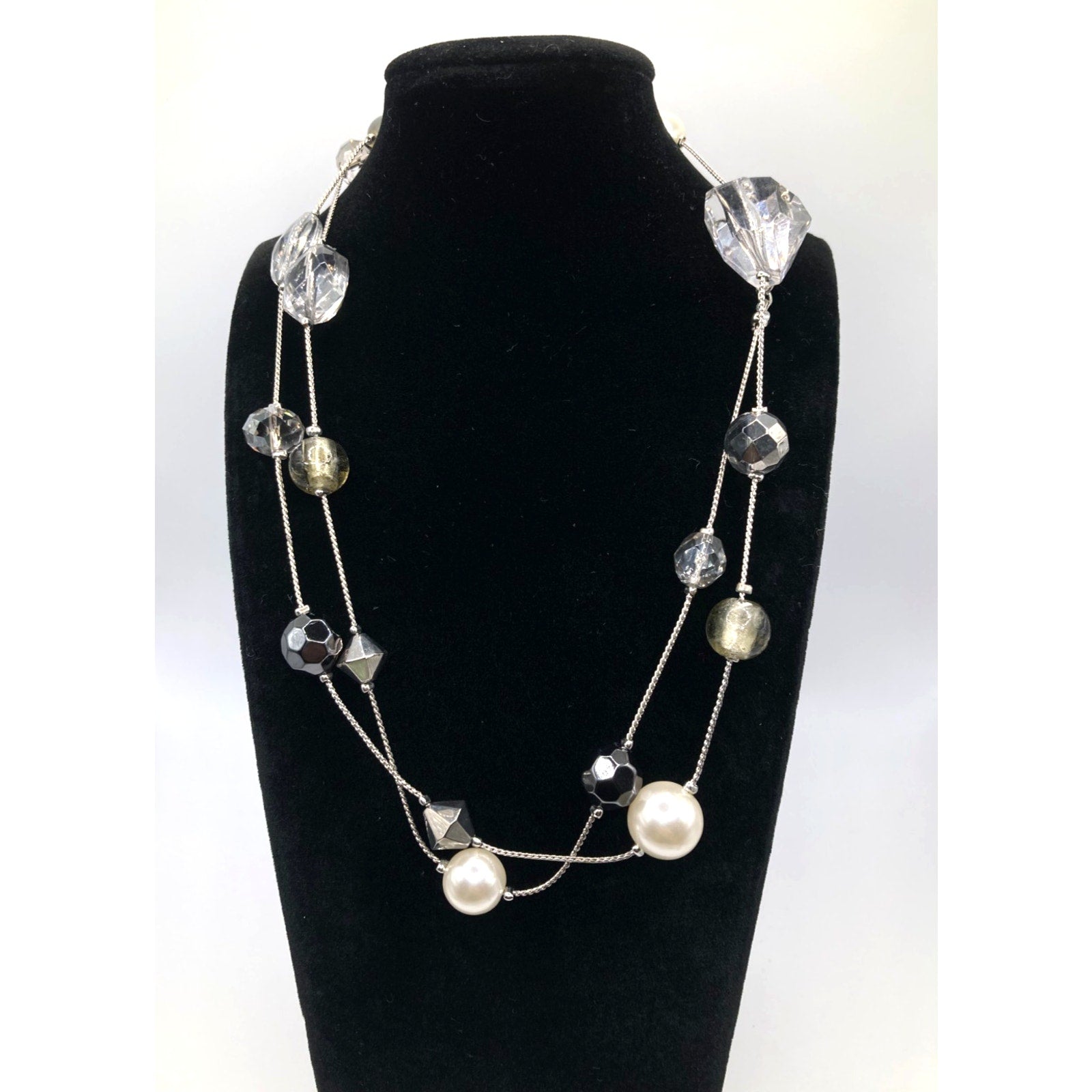 LOFT Silver Tone Faux Pearl, Grey, & Clear Bead Station Necklace Snake Chain 35"