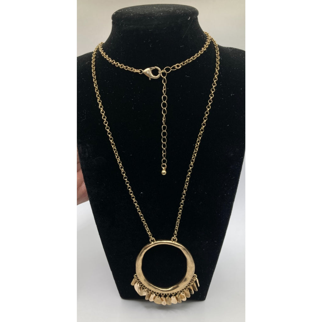 Rustic Long Gold Tone Hammered Abstract Oval Dangle Necklace 30"