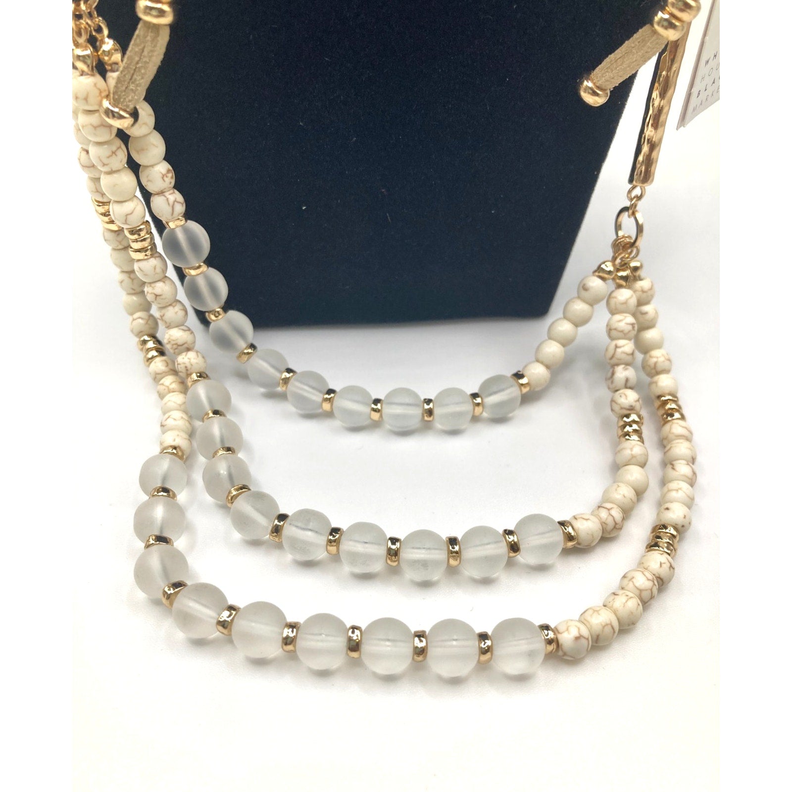 WHITE HOUSE/BLACK MARKET Beige Genuine Stone, Bead, Suede & Gold Tone Necklace