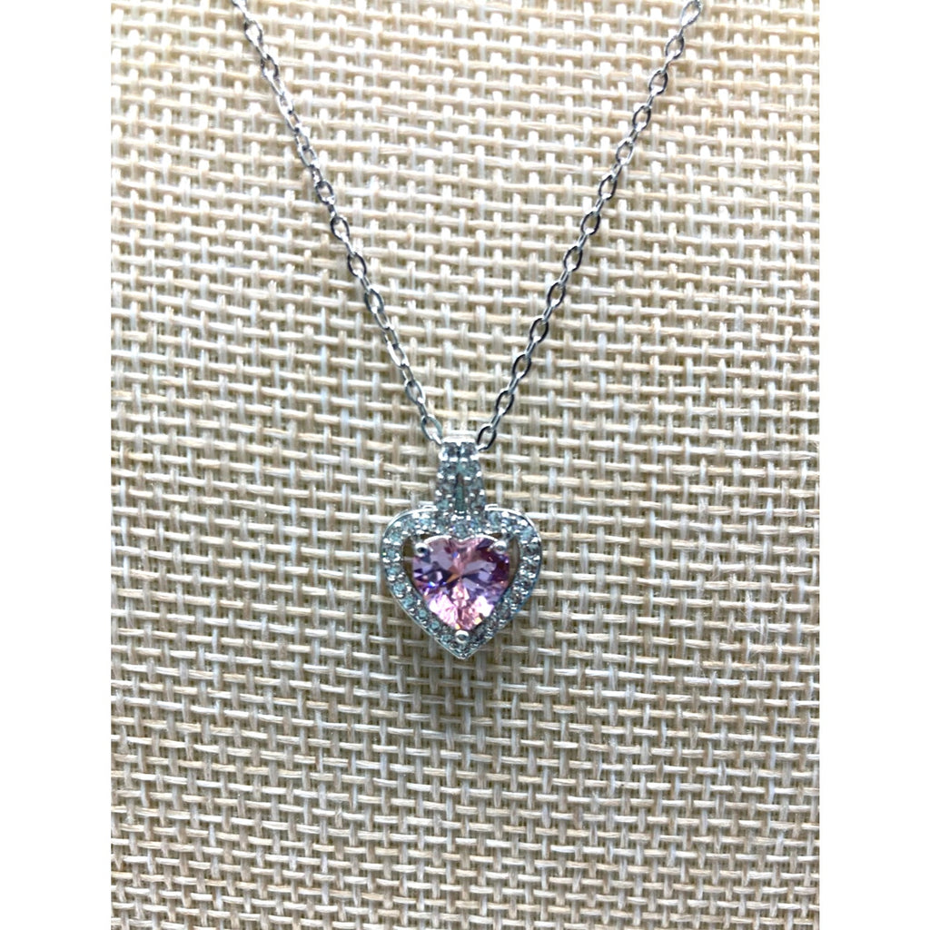 Pink Heart Crystal Silver Overlay 18" Necklace Made with SWAROVSKI Elements