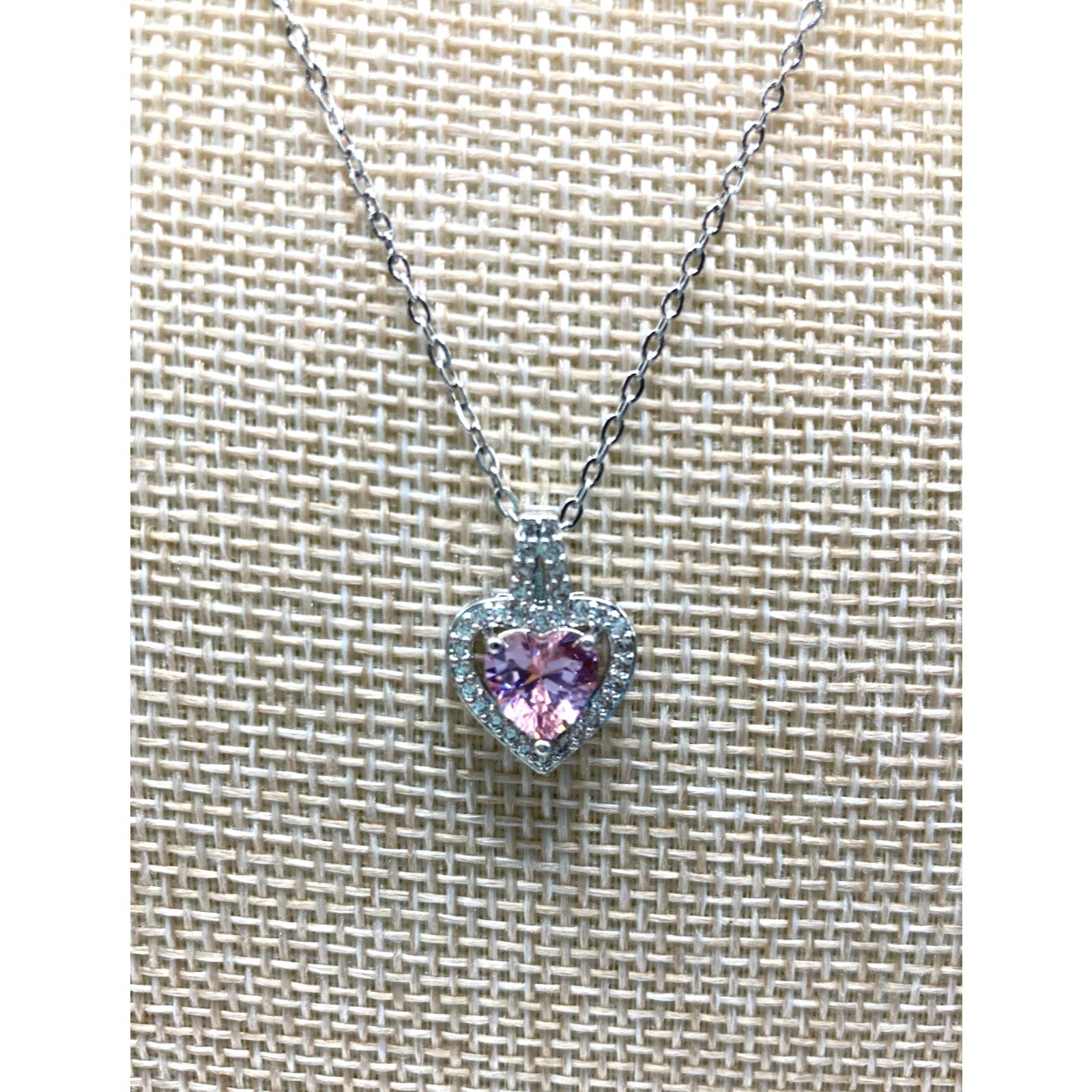 Pink Heart Crystal Silver Overlay 18" Necklace Made with SWAROVSKI Elements